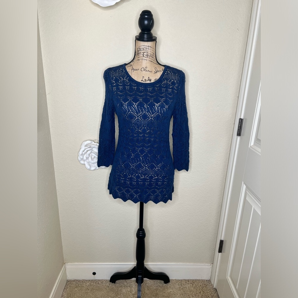 NTM Jeanne Pierre Blue Crochet Pullover Sweater NWT Scoop Neck 3/4 Sleeve Small - Picture 2 of 15